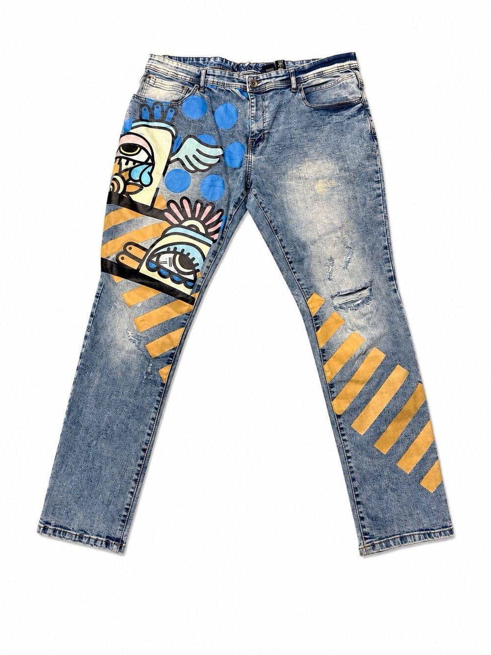 Track23 Denim Men’s Graphic Jeans 34x32 Distressed Painted Streetwear Blue Denim